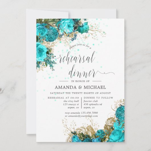 ヴィンテージターコイズと金ゴールドリハーサルディナー 招待状 (正面)