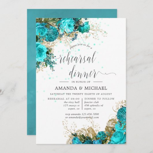 ヴィンテージターコイズと金ゴールドリハーサルディナー 招待状 (正面/裏面)