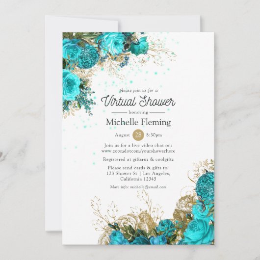 ヴィンテージターコイズと金ゴールド仮想シャワー 招待状 (正面)