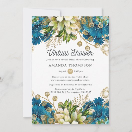 ヴィンテージターコイズと金ゴールド仮想ブライダルシャワー 招待状 (正面)