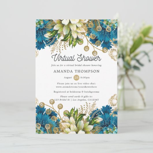 ヴィンテージターコイズと金ゴールド仮想ブライダルシャワー 招待状 (スタンド正面)