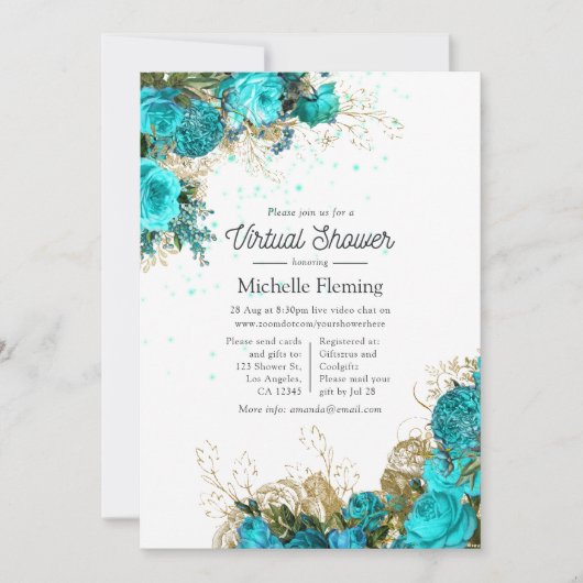 ヴィンテージターコイズと金ゴールド仮想ベビーシャワー 招待状 (正面)