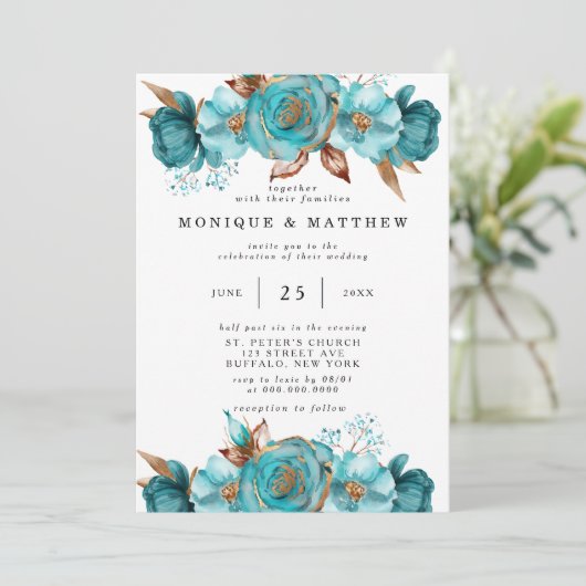 ヴィンテージターコイズと金ゴールド牡丹幾何学インヴィータ 招待状 (スタンド正面)