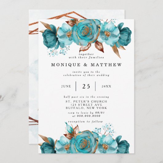 ヴィンテージターコイズと金ゴールド牡丹幾何学インヴィータ 招待状 (正面/裏面)