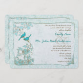 ヴィンテージターコイズアクアブルーバーズダマスクウェディング 招待状 (正面/裏面)