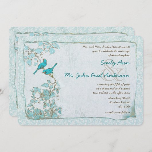 ヴィンテージターコイズアクアブルーバーズダマスクウェディング 招待状 (正面/裏面)