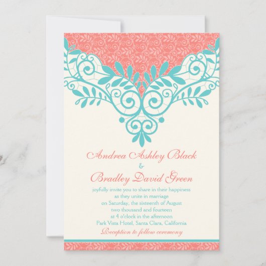 ヴィンテージターコイズコーラルレース結婚式招待状 招待状 (正面)