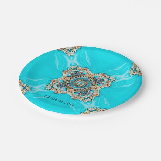 ヴィンテージターコイズパターンボヘミア結婚式の引き出物 ペーパープレート (アングル)