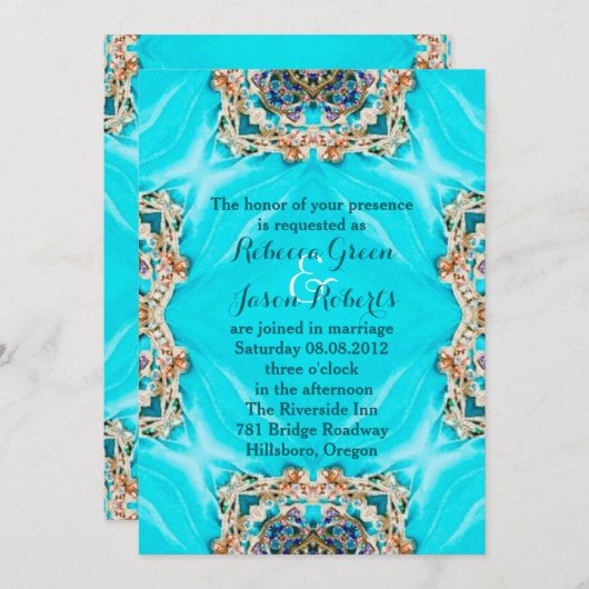 ヴィンテージターコイズパターン ボヘミアンワディング 招待状 (正面/裏面)
