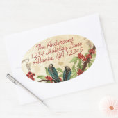 ヴィンテージターコイズブルーの鳥 バーガンディレッドの花咲く木 楕円形シール (封筒)