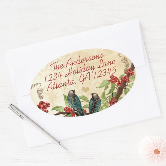ヴィンテージターコイズブルーの鳥 バーガンディレッドの花咲く木 楕円形シール (封筒)