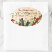 ヴィンテージターコイズブルーの鳥 バーガンディレッドの花咲く木 楕円形シール (バッグ)