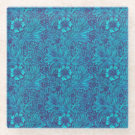 ヴィンテージターコイズ濃紫色の花柄 ガラスコースター (正面)