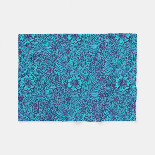 ヴィンテージターコイズ濃紫色の花柄 フリースブランケット (正面(横))