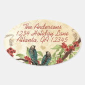 ヴィンテージターコイズ色の鳥 バーガンディレッドの花を咲かせる木 楕円形シール (正面)