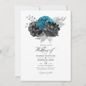 ヴィンテージターコイズ-ティール（緑がかった色）ブラックとシルバーのフローラ 招待状 (正面)