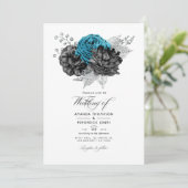 ヴィンテージターコイズ-ティール（緑がかった色）ブラックとシルバーのフローラ 招待状 (スタンド正面)
