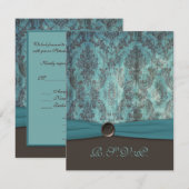 ヴィンテージターコイズ＆ブラウンのダマスク柄 RSVP カード (正面/裏面)
