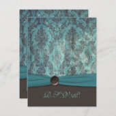 ヴィンテージターコイズ＆ブラウンのダマスク柄RSVPカード サンキューカード (正面/裏面)