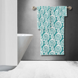 ヴィンテージターコイズ&ホワイトファーンリーフカール渦巻き バスタオルセット