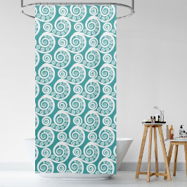ヴィンテージターコイズ&ホワイトファーンリーフカール シャワーカーテン