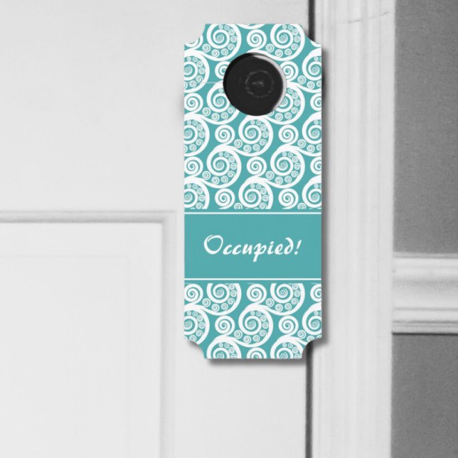 ヴィンテージターコイズ&ホワイトボタニカルファーンリーフ ドアノブサイン (Vintage Turquoise & White Botanical Fern Leaf Door Hanger)