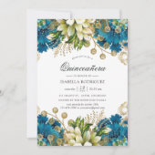 ヴィンテージターコイズ&金ゴールドシャビーフローラキンセアニラ 招待状 (正面)