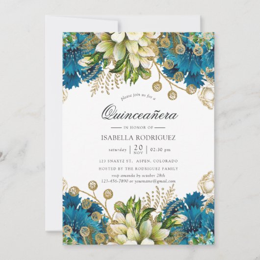 ヴィンテージターコイズ&金ゴールドシャビーフローラキンセアニラ 招待状 (正面)