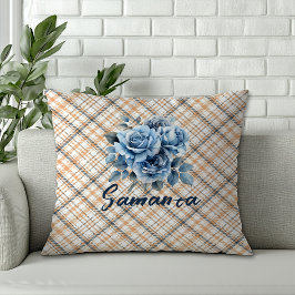 ヴィンテージタータンチェック水彩バラベージュブルー名 クッション
