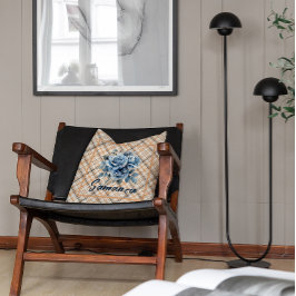 ヴィンテージタータンチェック水彩バラベージュブルー名 クッション