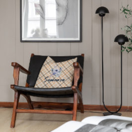 ヴィンテージタータンチェック水彩バラベージュブルー名 クッション