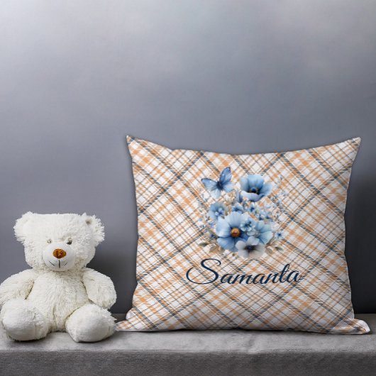 ヴィンテージタータンチェック水彩バラベージュブルー名 クッション