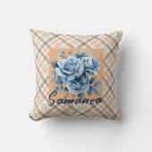ヴィンテージタータンチェック水彩バラベージュブルー名 クッション (正面)