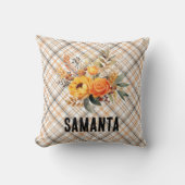 ヴィンテージタータンチェック水彩ワイルドフラワーオレンジの名前 クッション (正面)