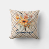 ヴィンテージタータンチェック水彩ワイルドフラワーオレンジの名前 クッション (正面)