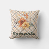 ヴィンテージタータンチェック水彩ワイルドフラワーグリーン名 クッション (正面)