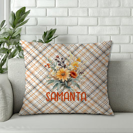 ヴィンテージタータンチェック水彩ワイルドフラワーグリーン名 クッション