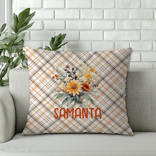 ヴィンテージタータンチェック水彩ワイルドフラワーグリーン名 クッション