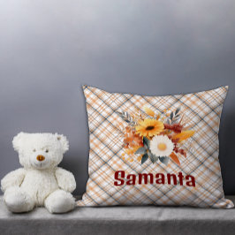 ヴィンテージタータンチェック水彩野花ブルゴーニュ名 クッション