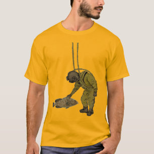 ヴィンテージダイバー,潜水ヘルメット,魚をつかむ Tシャツ