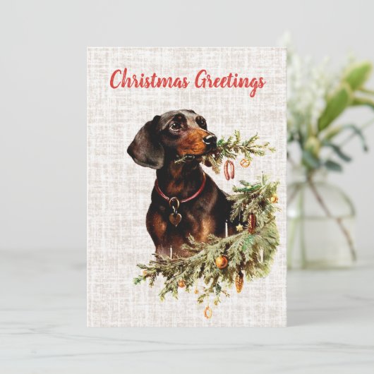 ヴィンテージダシュント犬素朴クリスマスグリーティング シーズンカード (スタンド正面)
