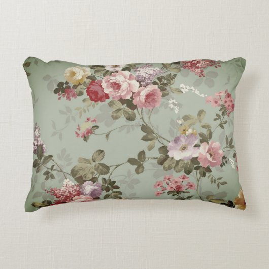 ヴィンテージダスティオリーブグリーンフローラデザイン アクセントクッション (正面)