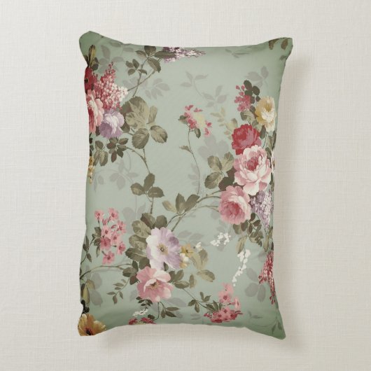 ヴィンテージダスティオリーブグリーンフローラデザイン アクセントクッション (裏面(縦))