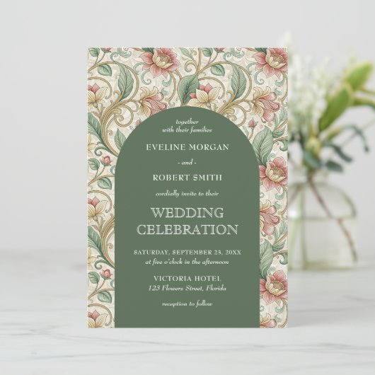 ヴィンテージダスティグリーン結婚ズアールヌーボーミュシャ 招待状 (スタンド正面)