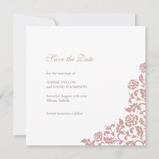 ヴィンテージダスティバラピンクレースススクエア結婚ズ セーブザデート (正面)