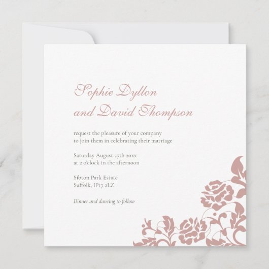 ヴィンテージダスティピンクローズレース結婚スクエア 招待状 (正面)