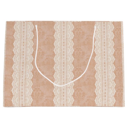 ヴィンテージダスティピーチアンティークダマスクアレーレース ラージペーパーバッグ (正面)