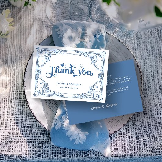 ヴィンテージダスティブルーアンティークフレ結婚ーム サンキューカード