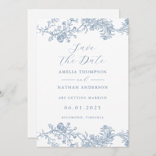 ヴィンテージダスティブルーエレガントな結婚式の日付を保存 セーブザデート (正面/裏面)