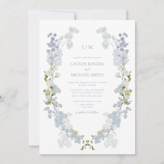 ヴィンテージダスティブルーガーデンモノグラム詳細結婚 招待状 (正面)